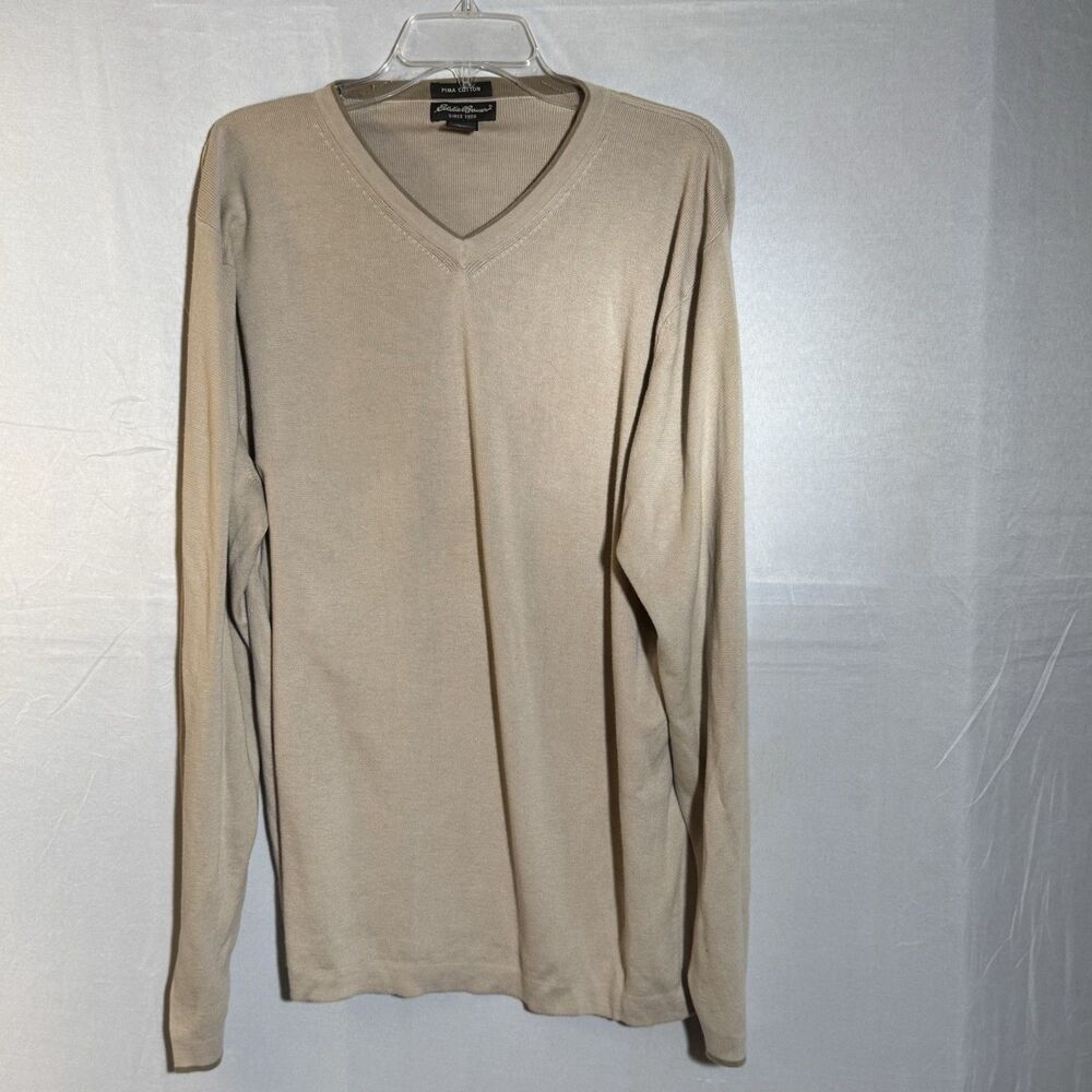 Eddie Bauer Men’s XL 100% Pima Cotton V Neck Sweater Beige Casual Long Sleeve